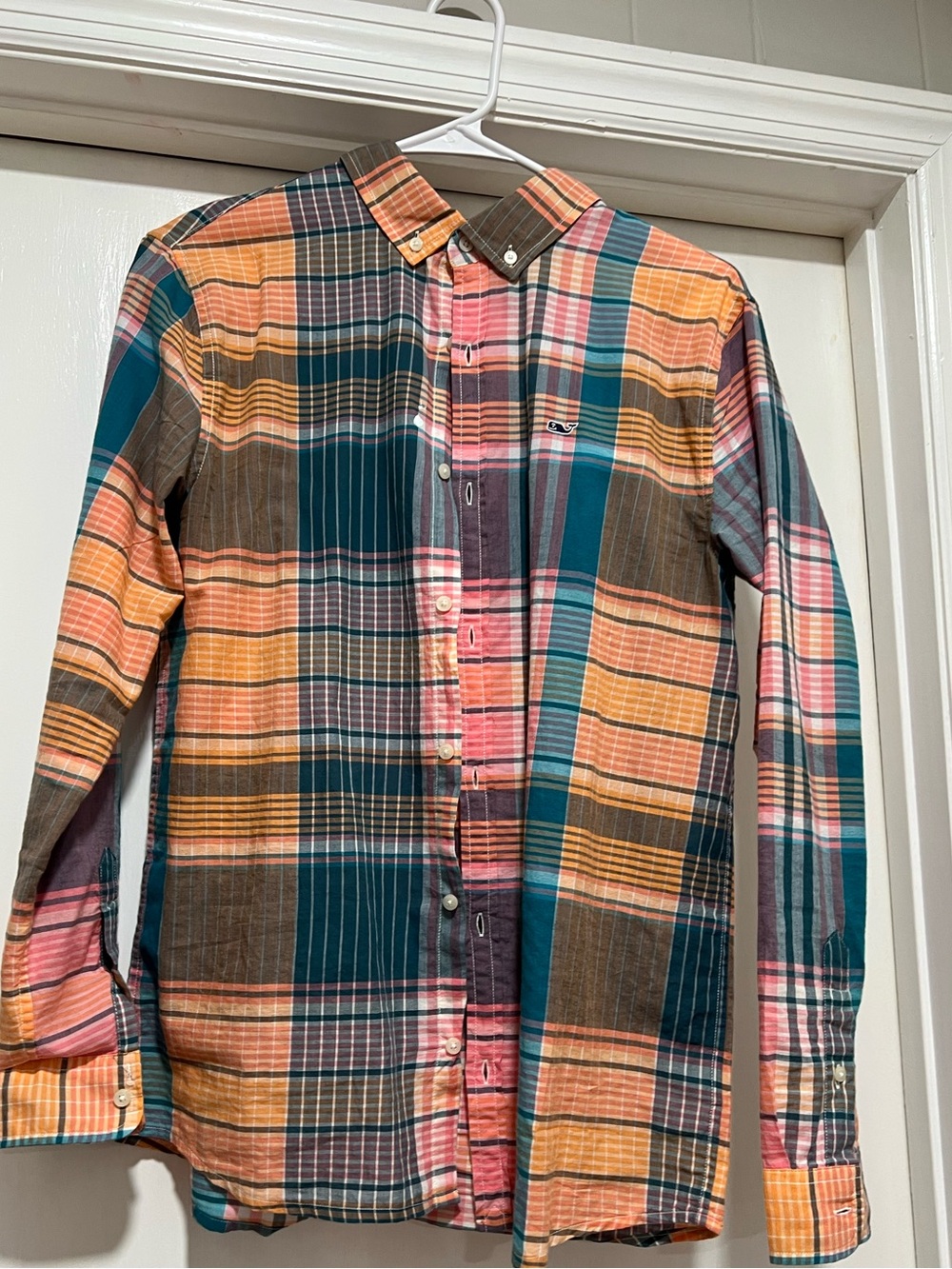Vineyard Vines Youth XL Plaid Button-Down Shirt in Teal, Pink & Orange